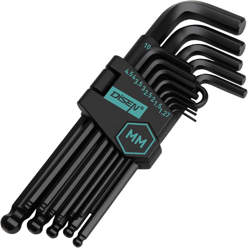 DISEN 13 Pieces Hex Key Allen Wrench Set Metric Size with Ball End, 1.27-10 MM, Long Arm Ball Design, Chrome Vanadium Steel - Image 1